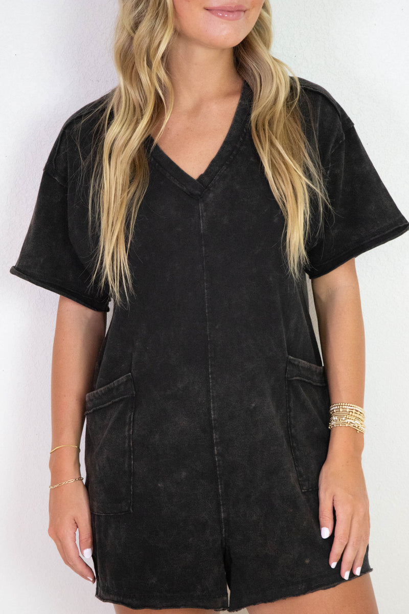 Kinsley Mineral Washed Oversized Romper, Black