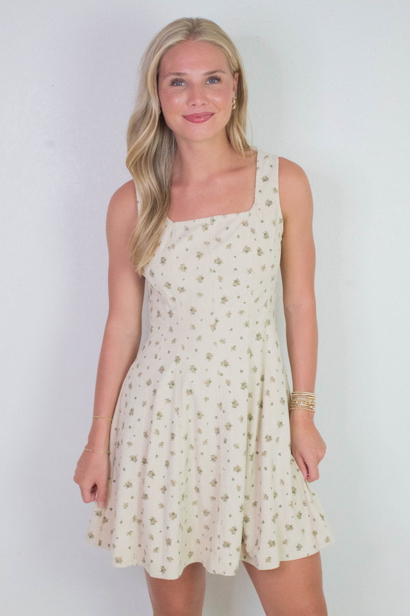 Lucia Square Neck Corduroy Dress, Cream-Taupe Floral