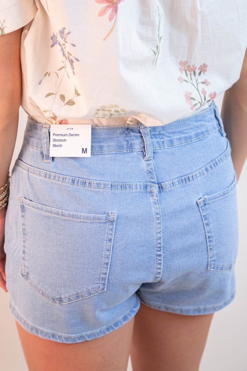 Sofia Button Front Denim Skort, Light Blue