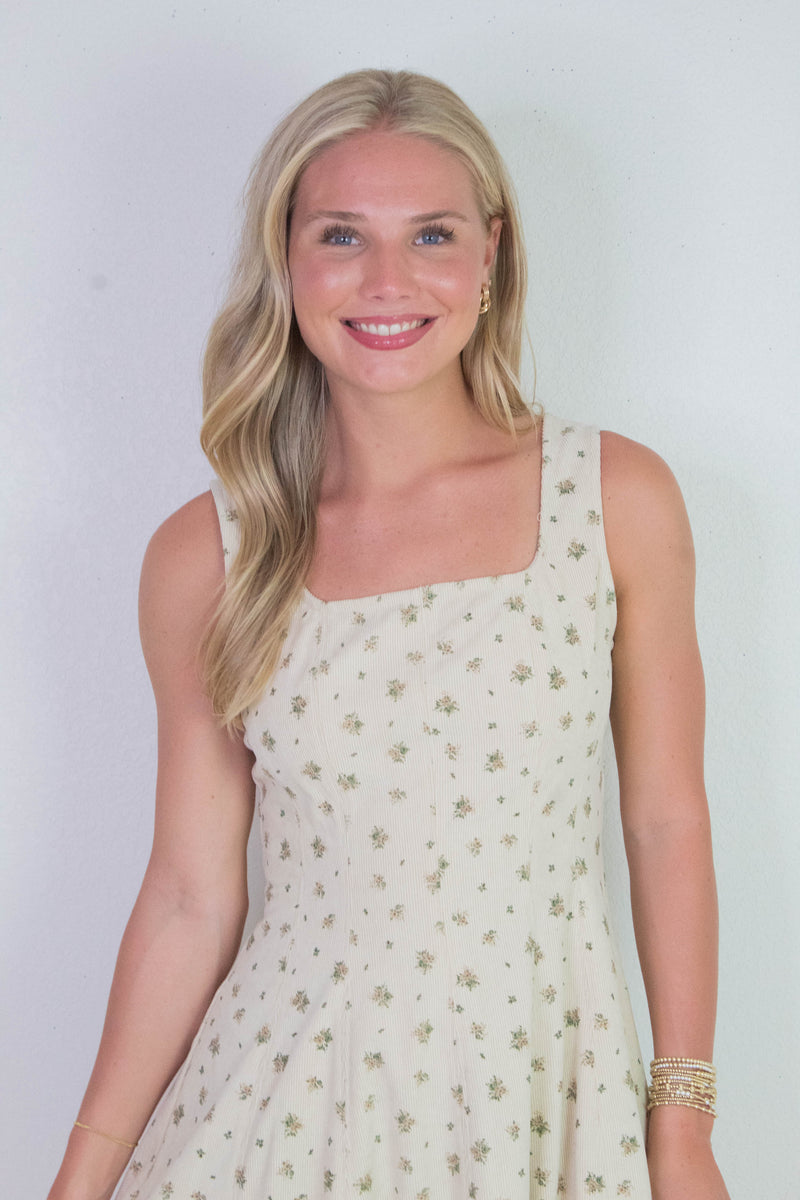 Lucia Square Neck Corduroy Dress, Cream-Taupe Floral