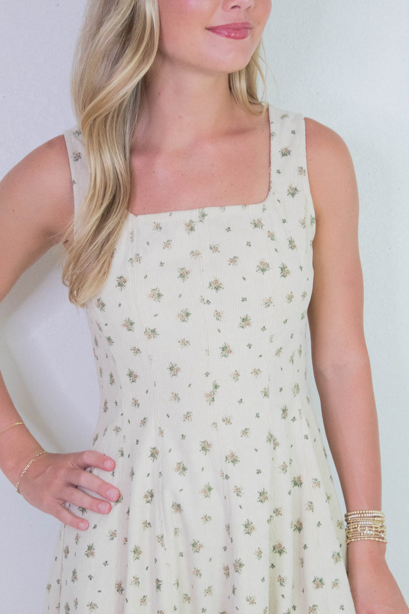 Lucia Square Neck Corduroy Dress, Cream-Taupe Floral