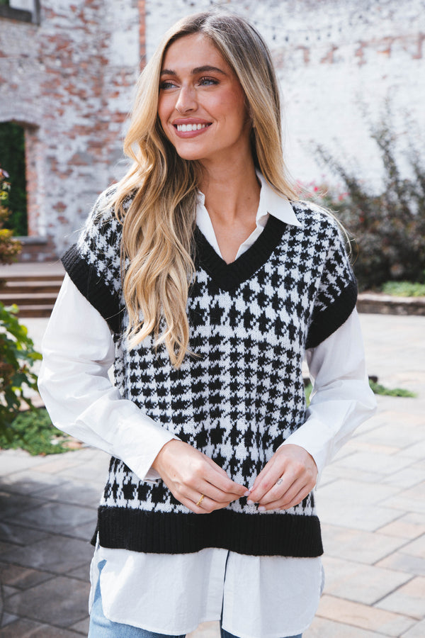 Houndstooth Sweater Shirt, Black