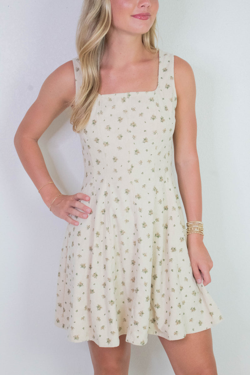 Lucia Square Neck Corduroy Dress, Cream-Taupe Floral