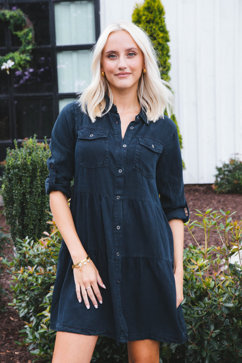Bree Button Down Tiered Dress, Overdye Indigo | Velvet Heart