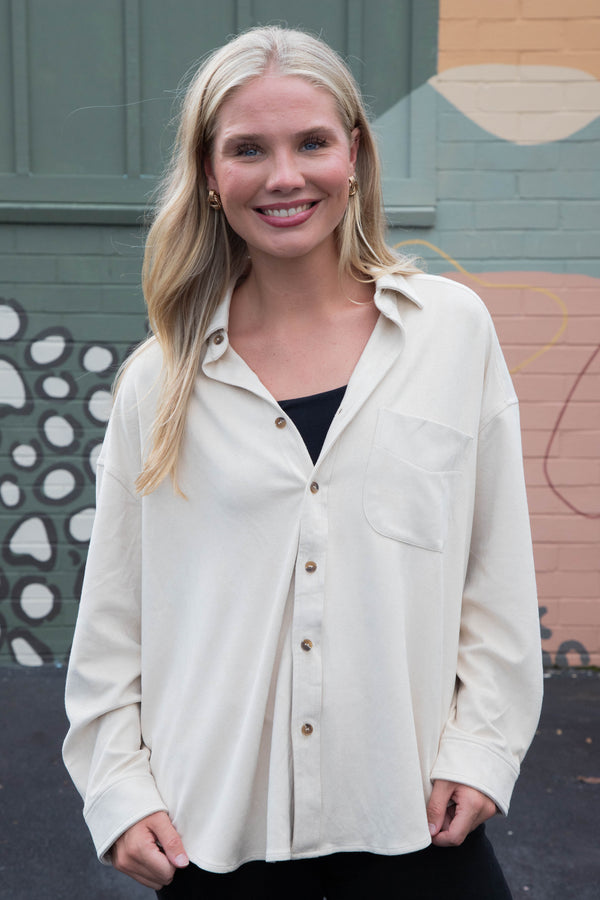 Gloria Suede Collared Shirt, Ecru