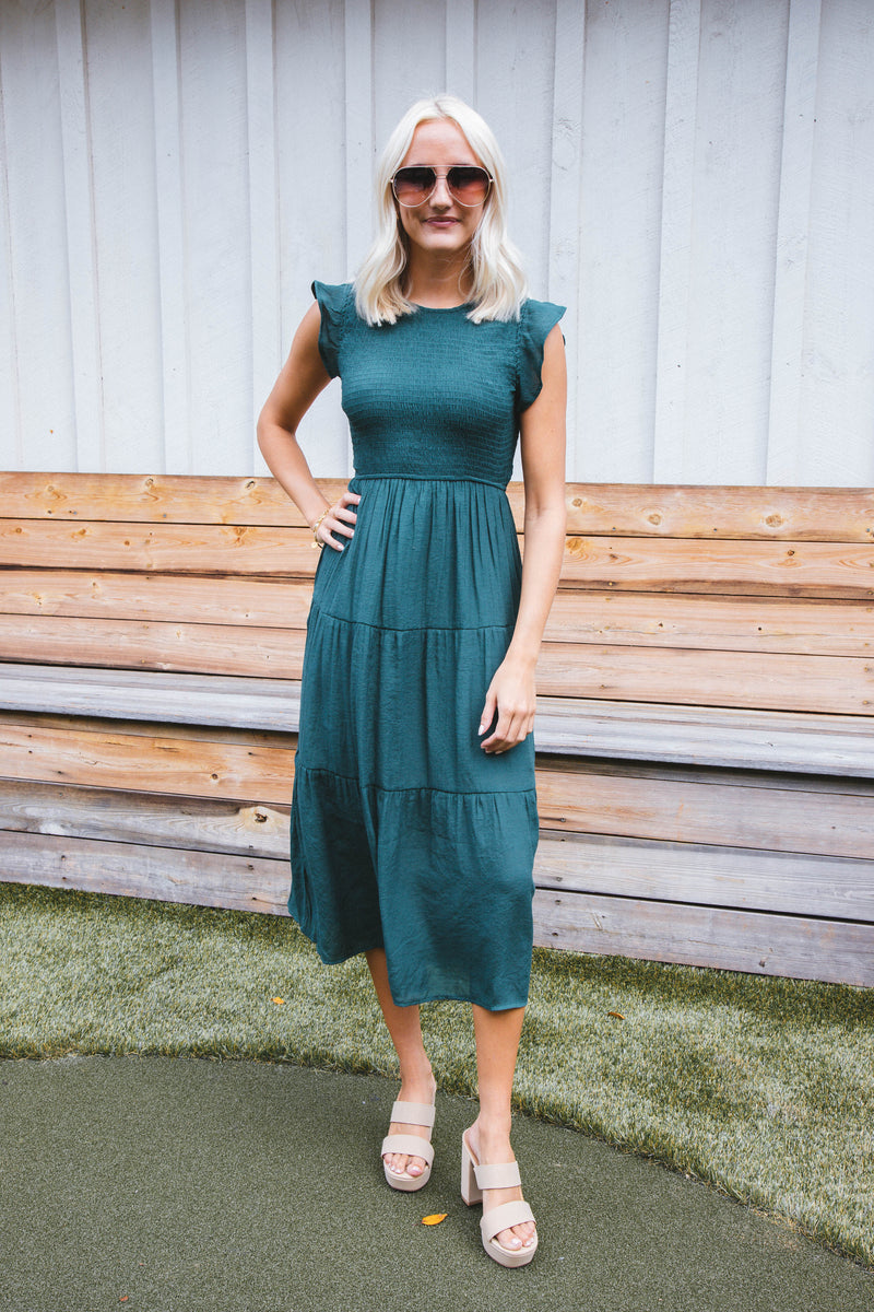 Celene Smocked Midi Dress, Hunter Green