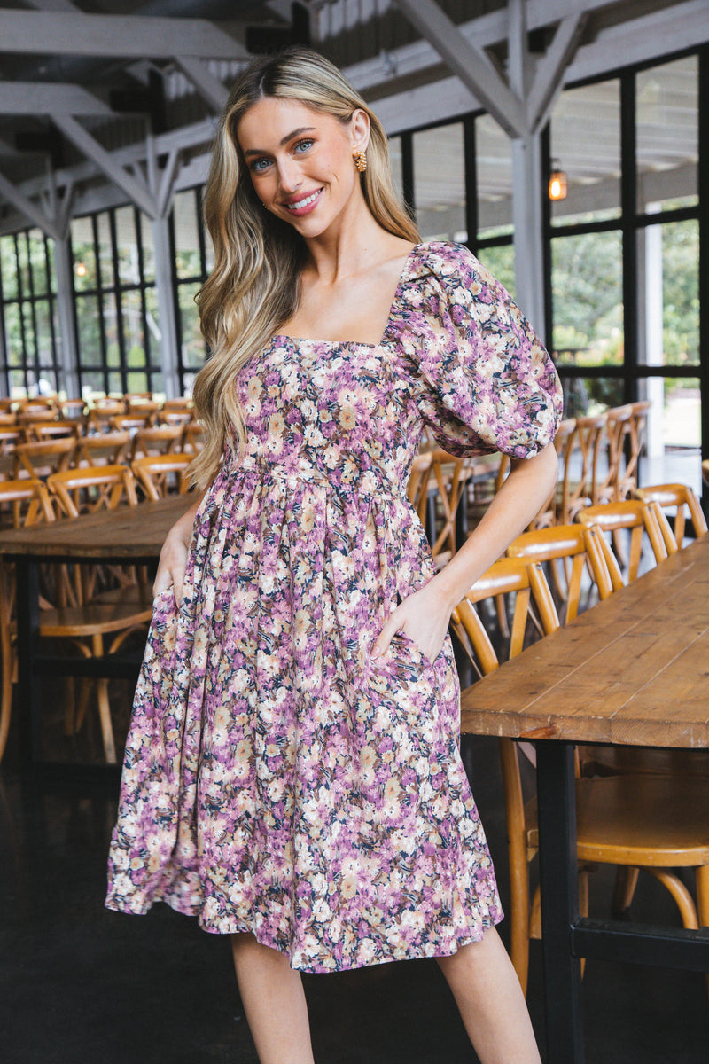 Jasmine Floral Corduroy Midi Dress, Pink Multi