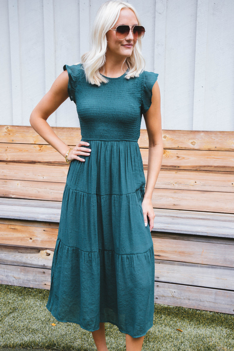 Celene Smocked Midi Dress, Hunter Green