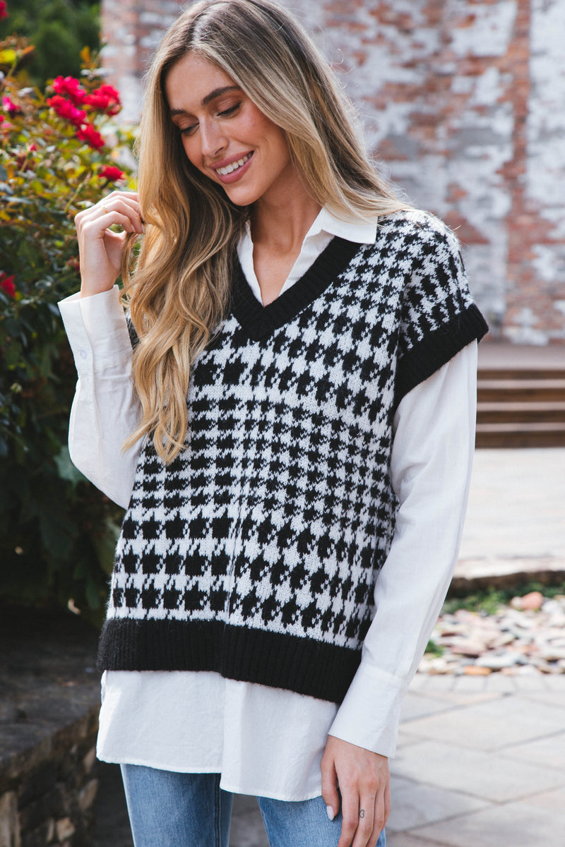 Houndstooth Sweater Shirt, Black