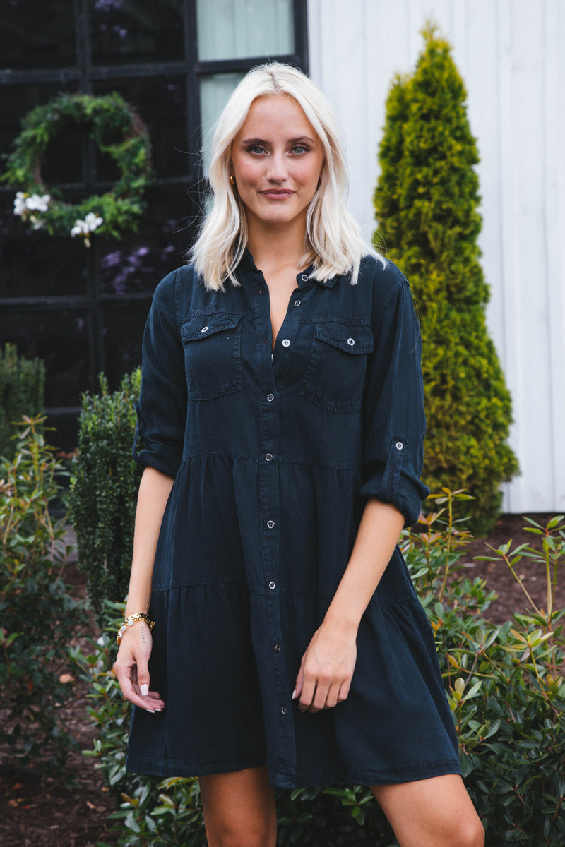 Bree Button Down Tiered Dress, Overdye Indigo | Velvet Heart