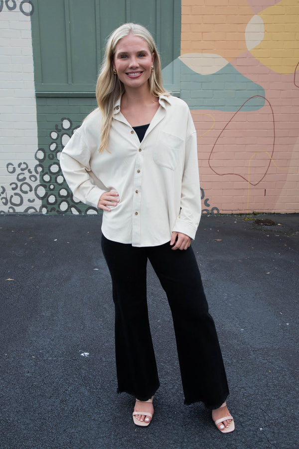 Gloria Suede Collared Shirt, Ecru