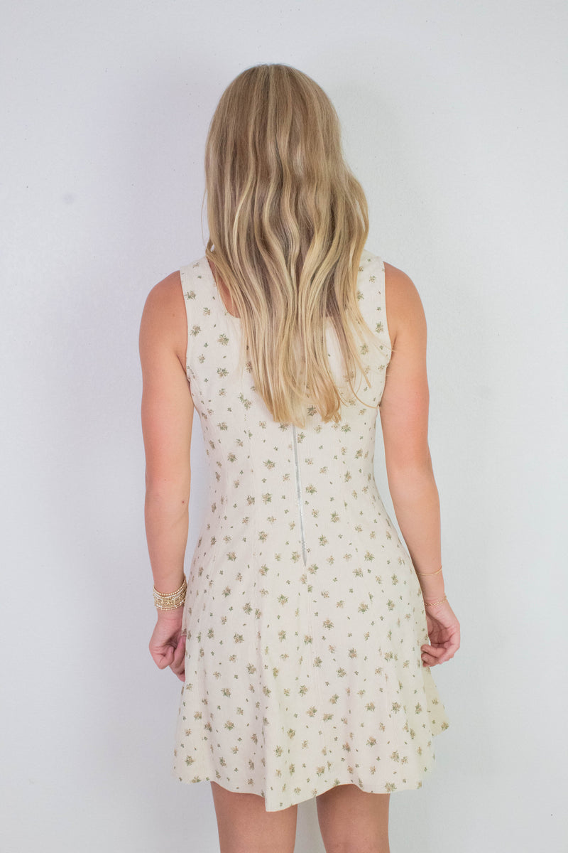 Lucia Square Neck Corduroy Dress, Cream-Taupe Floral