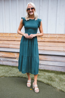 Celene Smocked Midi Dress, Hunter Green