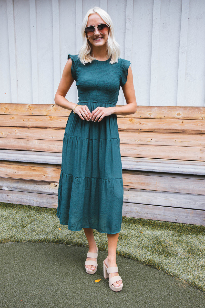 Celene Smocked Midi Dress, Hunter Green