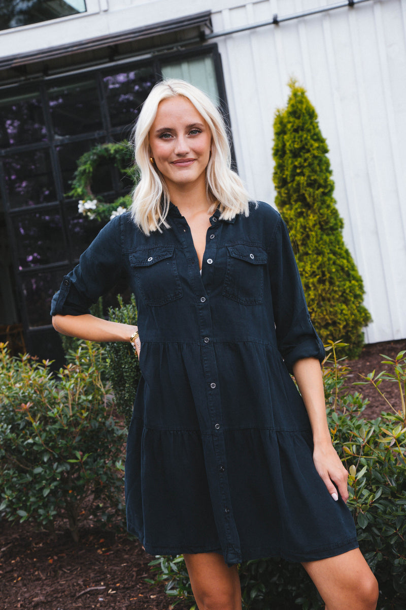 Bree Button Down Tiered Dress, Overdye Indigo | Velvet Heart