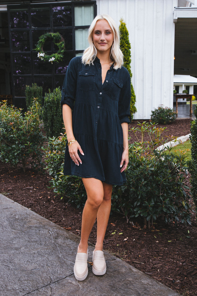 Bree Button Down Tiered Dress, Overdye Indigo | Velvet Heart