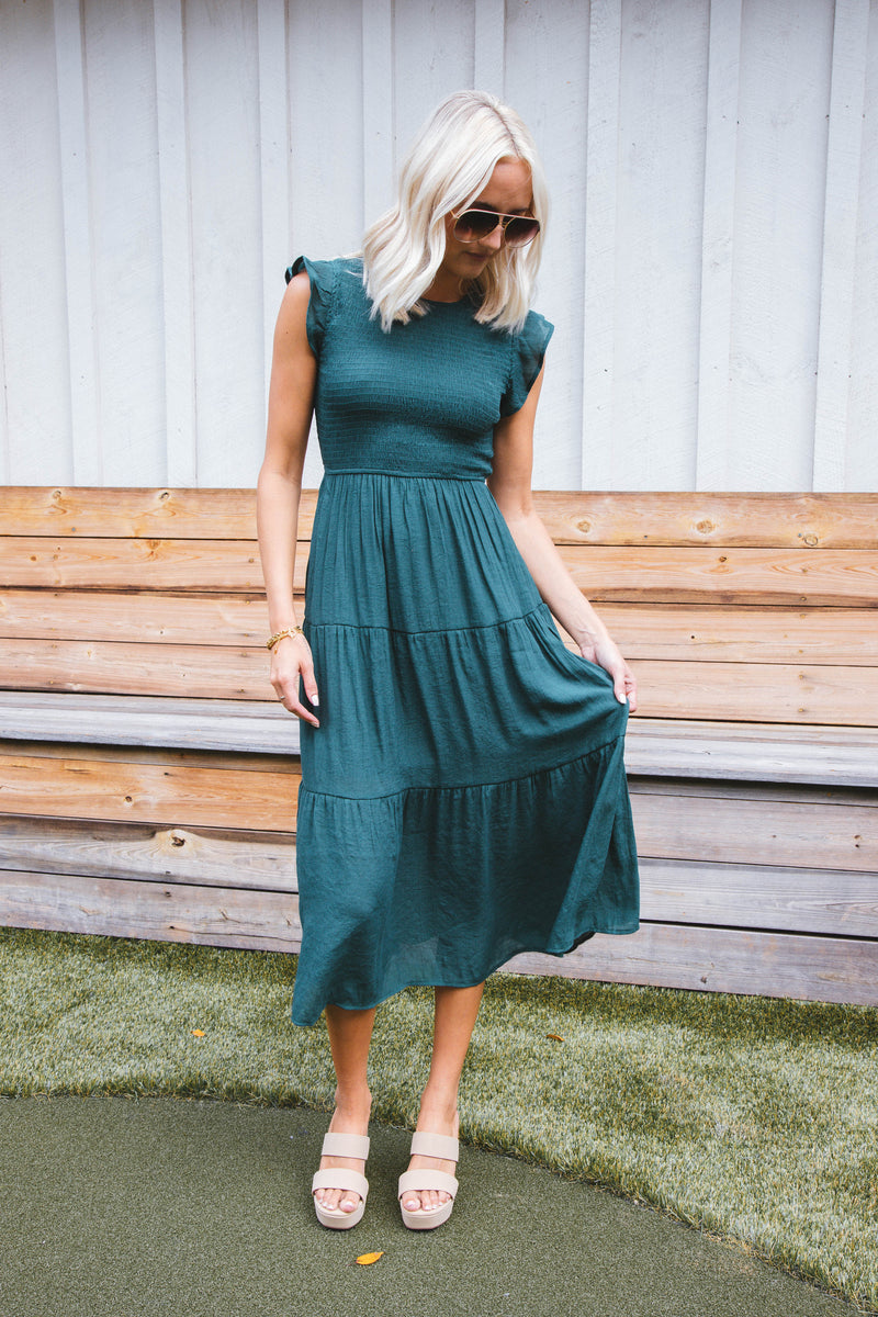 Celene Smocked Midi Dress, Hunter Green