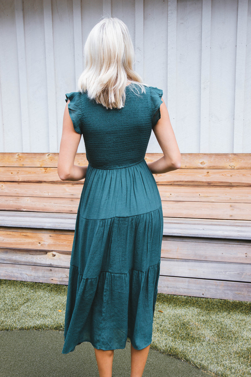 Celene Smocked Midi Dress, Hunter Green