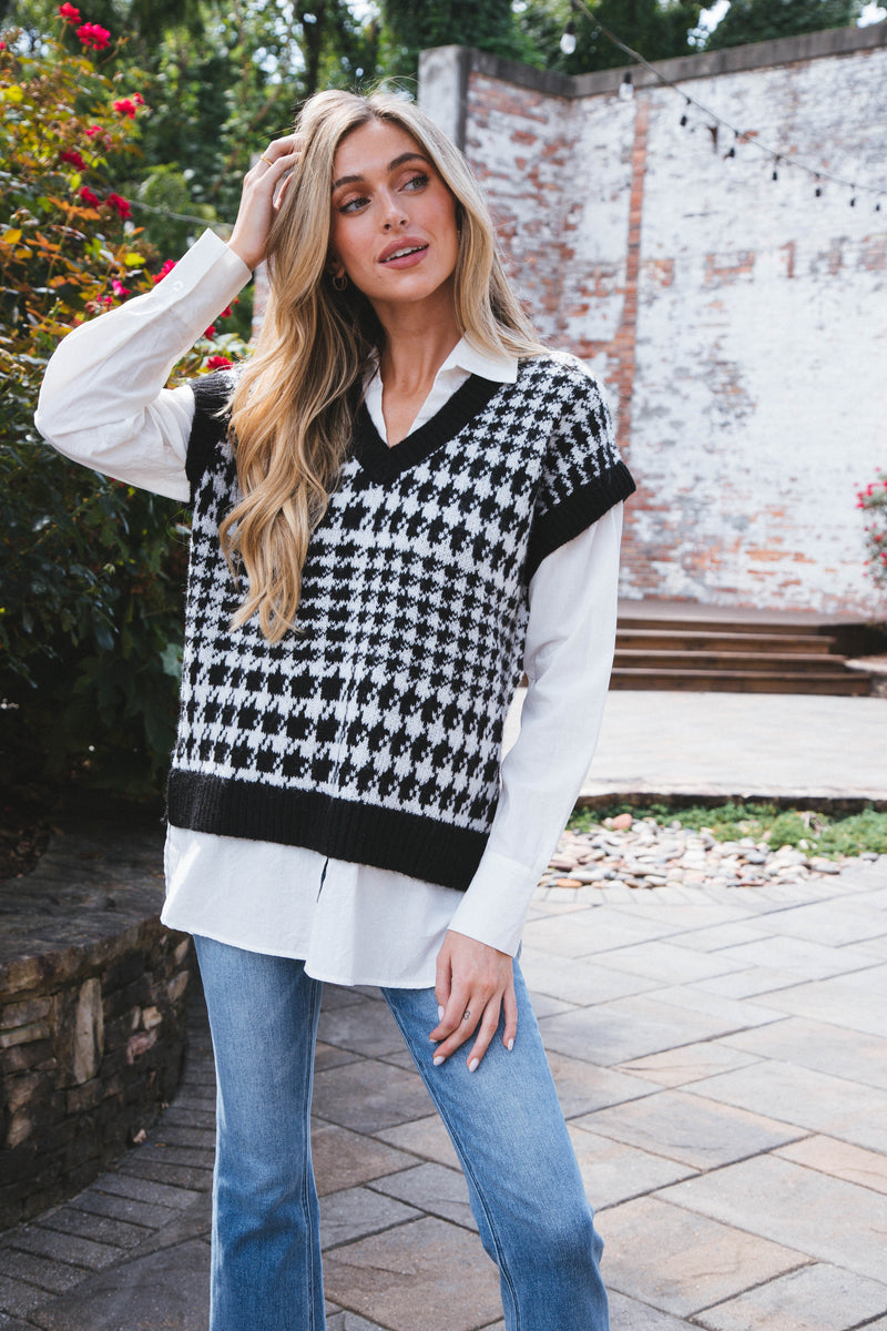 Houndstooth Sweater Shirt, Black