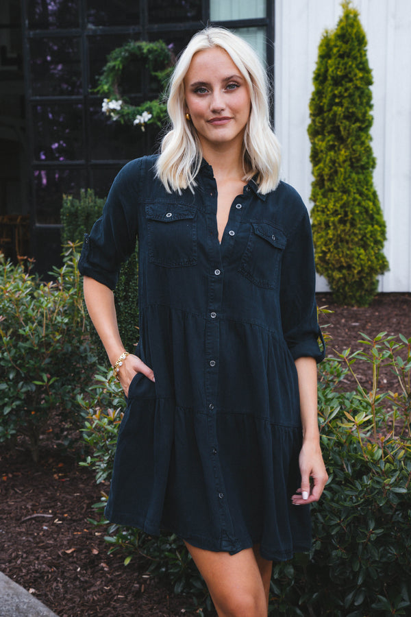 Bree Button Down Tiered Dress, Overdye Indigo | Velvet Heart