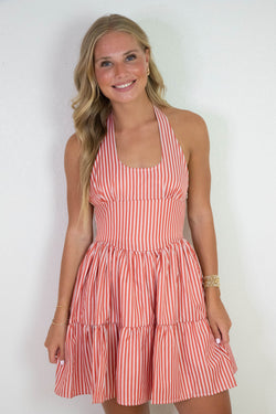 Marlie Halter Tie Neck Striped Dress, White/Red L / White/Red Marlie Halter Tie Neck Striped Dress, White/Red L / White/Red