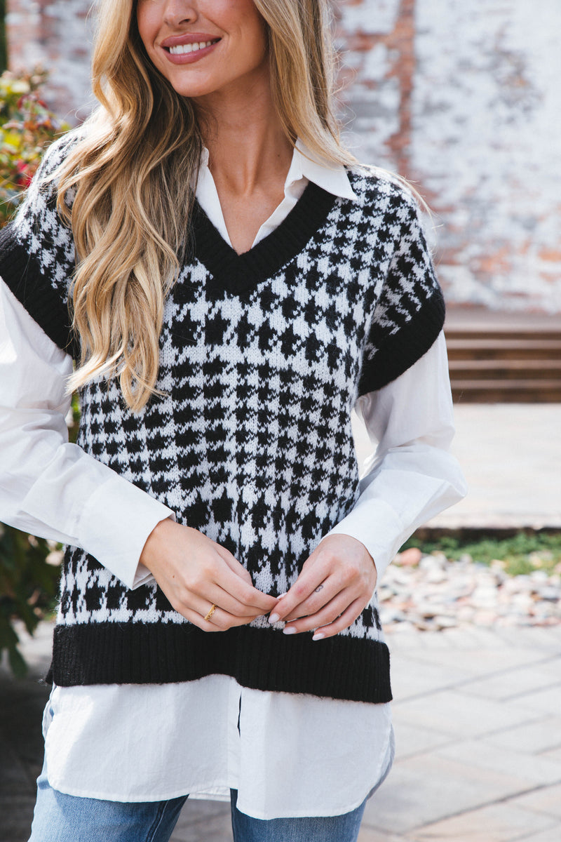Houndstooth Sweater Shirt, Black