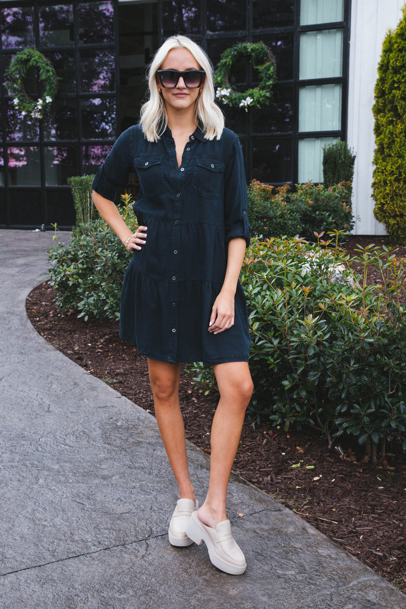 Bree Button Down Tiered Dress, Overdye Indigo | Velvet Heart