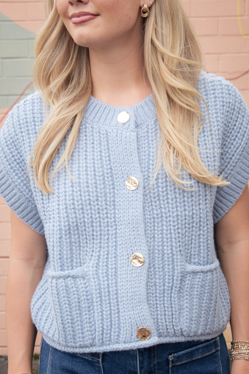 Dorothea Chunky Button Down Sweater, Blue