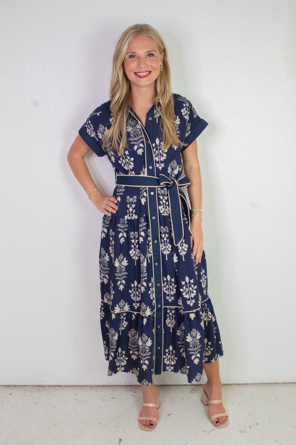 Margot Botanical Print Midi Dress, Navy