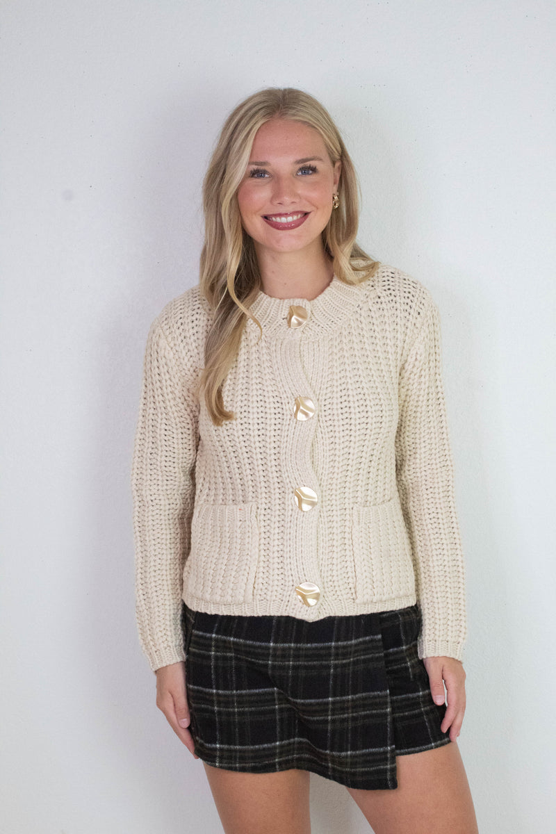 Clara Gold Button Cardigan, Cream