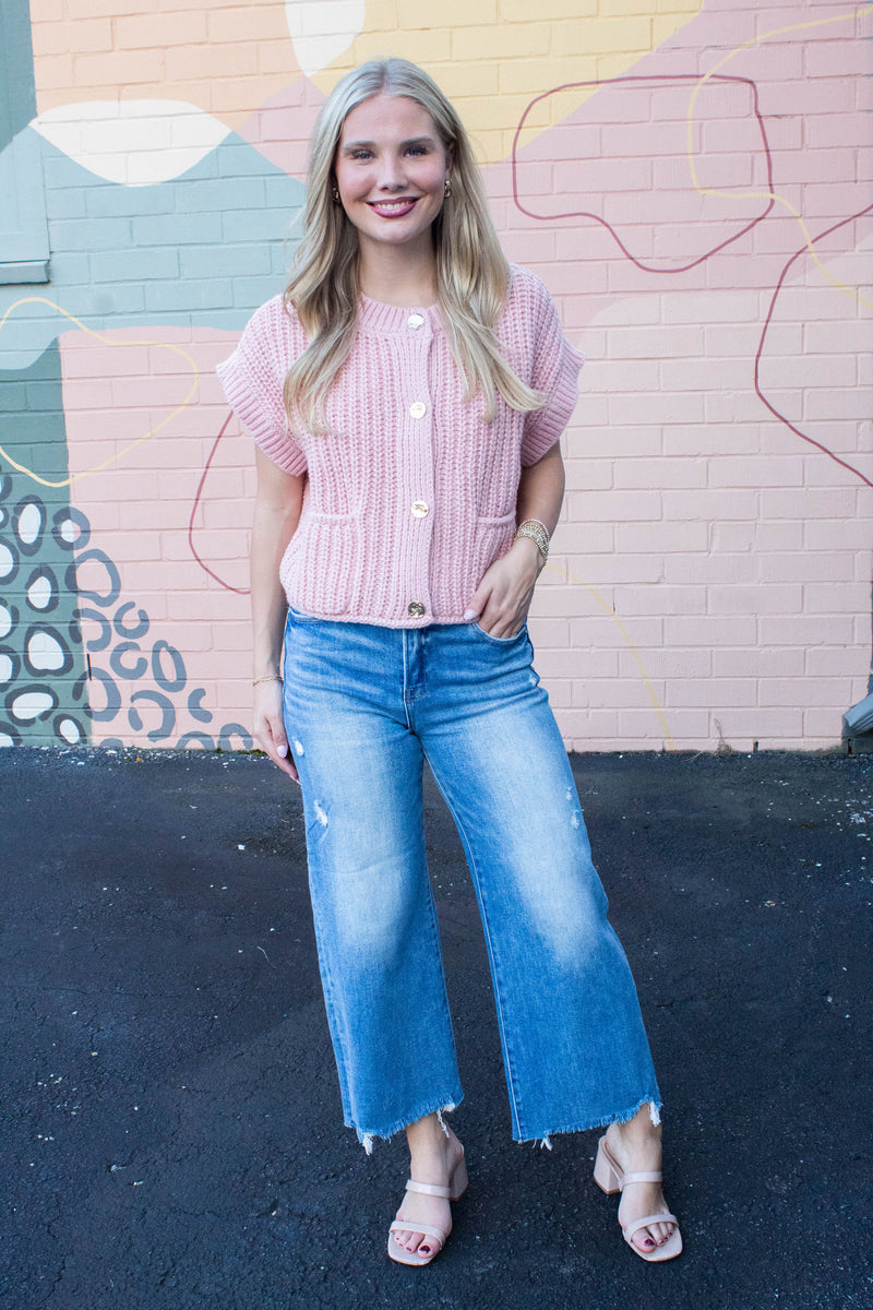Dorothea Chunky Button Down Sweater, Blush