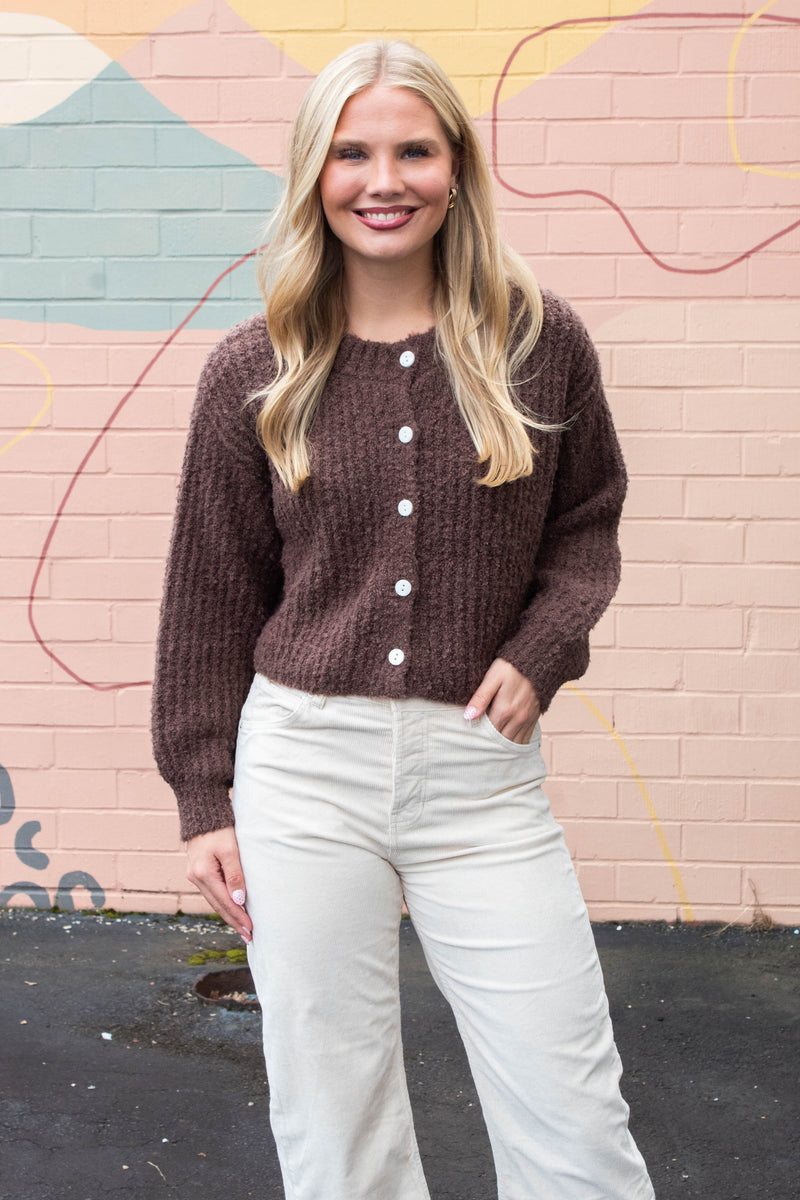 Emberly Fluffy Knit Cardigan, Chestnut