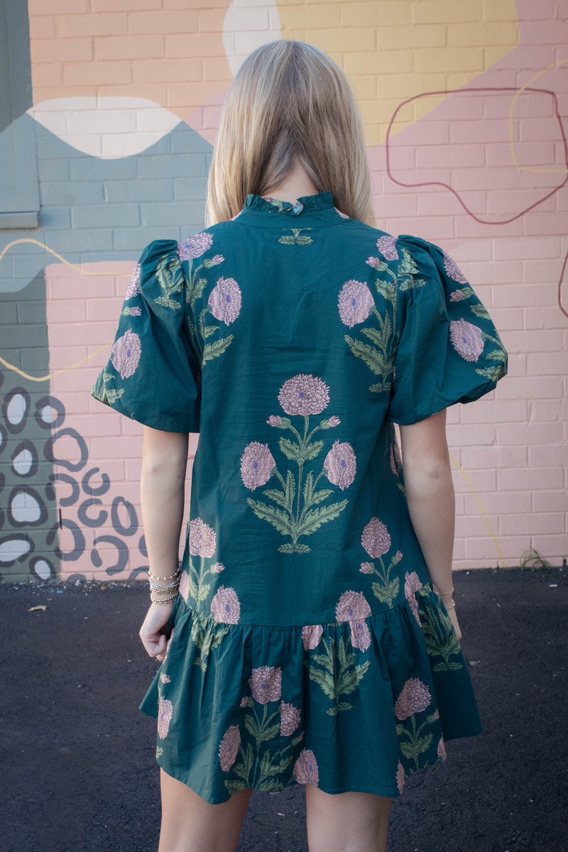 Avery Floral Bubble Sleeve Dress, Hunter Green
