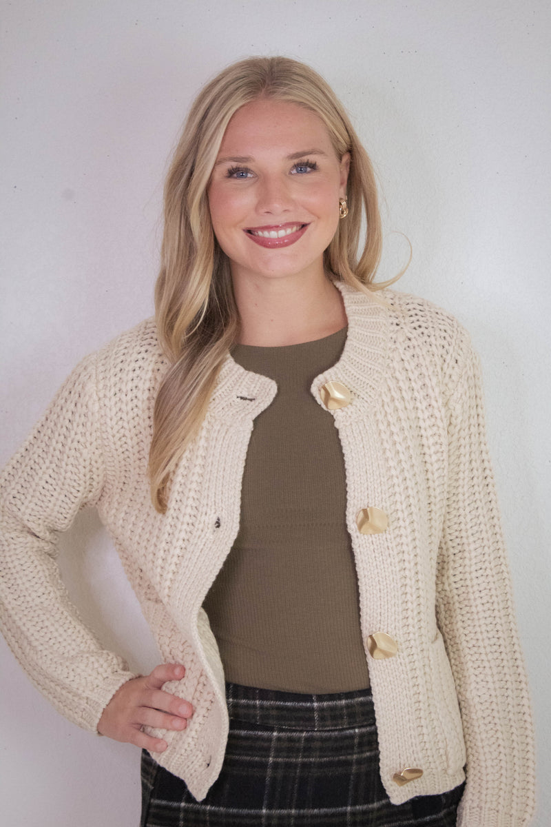 Clara Gold Button Cardigan, Cream