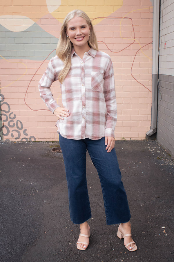 Juliette Plaid Button Up Shirt, Dusty Pink
