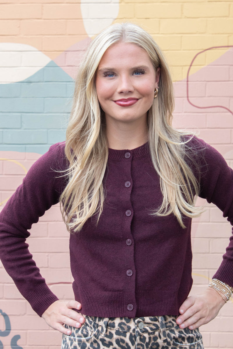 Maria Round Neck Cardigan, Burgundy