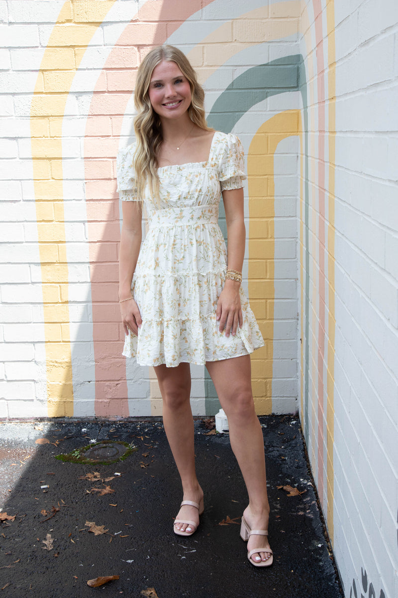 Delilah Floral Square Neck Dress, Ivory Multi