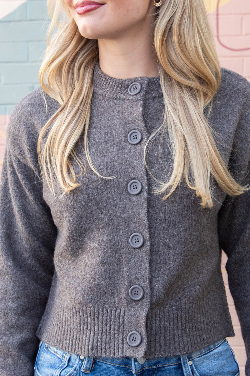 Vivian Round Neck Side Slit Cardigan, Mocha