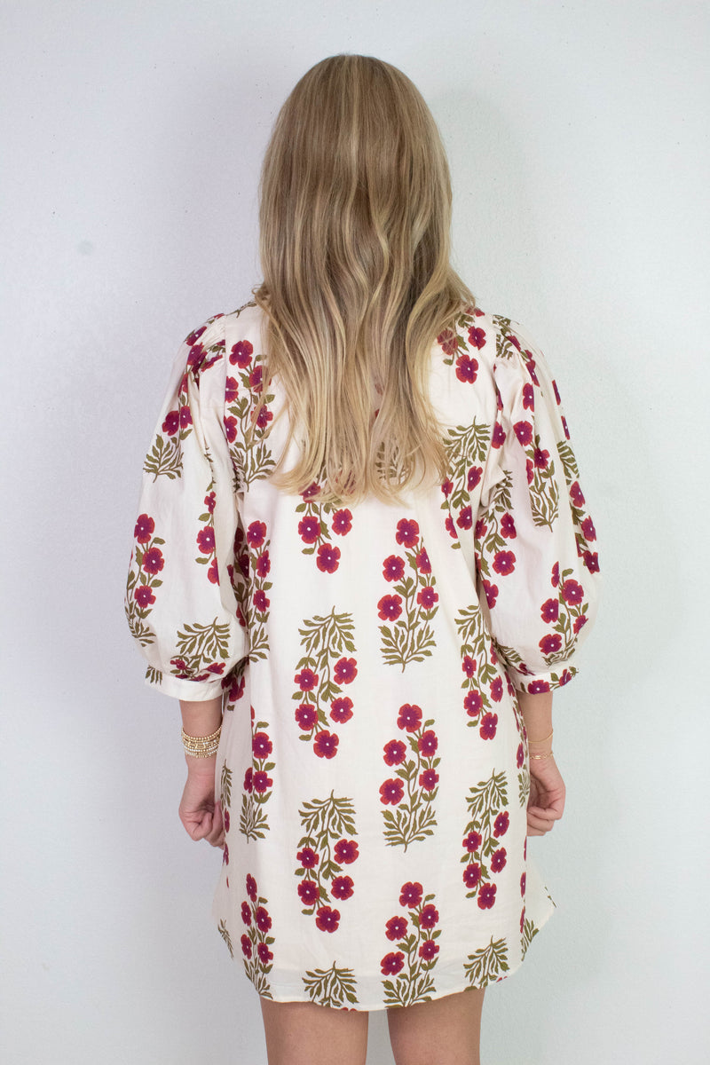 Esme Floral V-Neck Mini Dress, Red Ecru