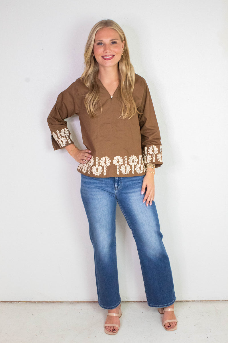 Katie 3D Floral Trim Accent Top, Mocha