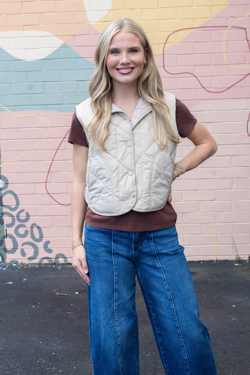 Sara Snap Button Quilted Vest, Khaki