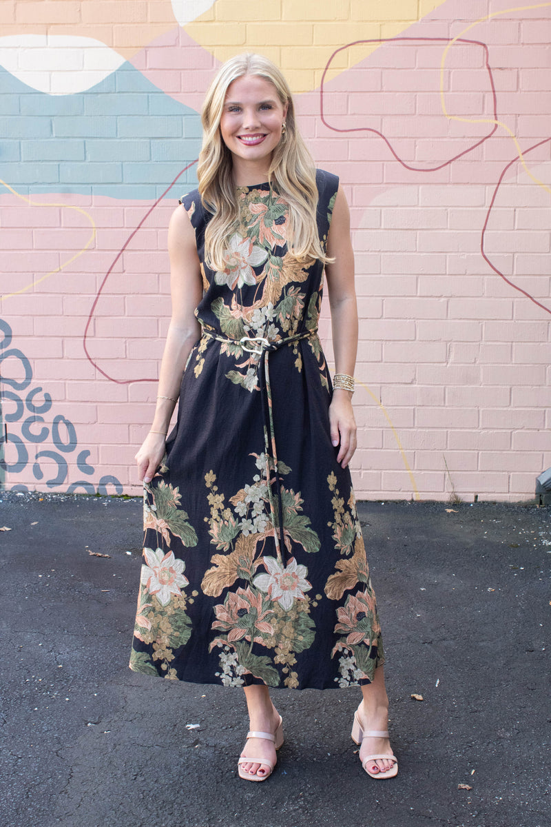Alaina Floral Tie Waist Dress, Black