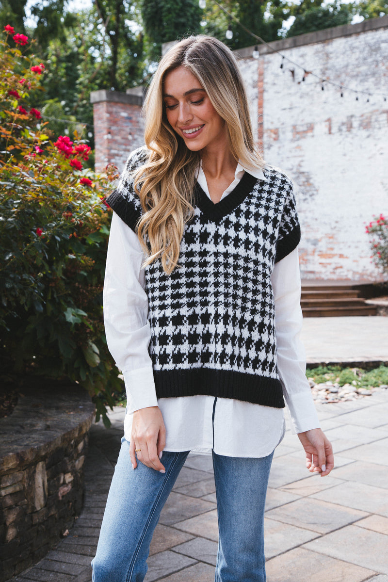 Houndstooth Sweater Shirt, Black
