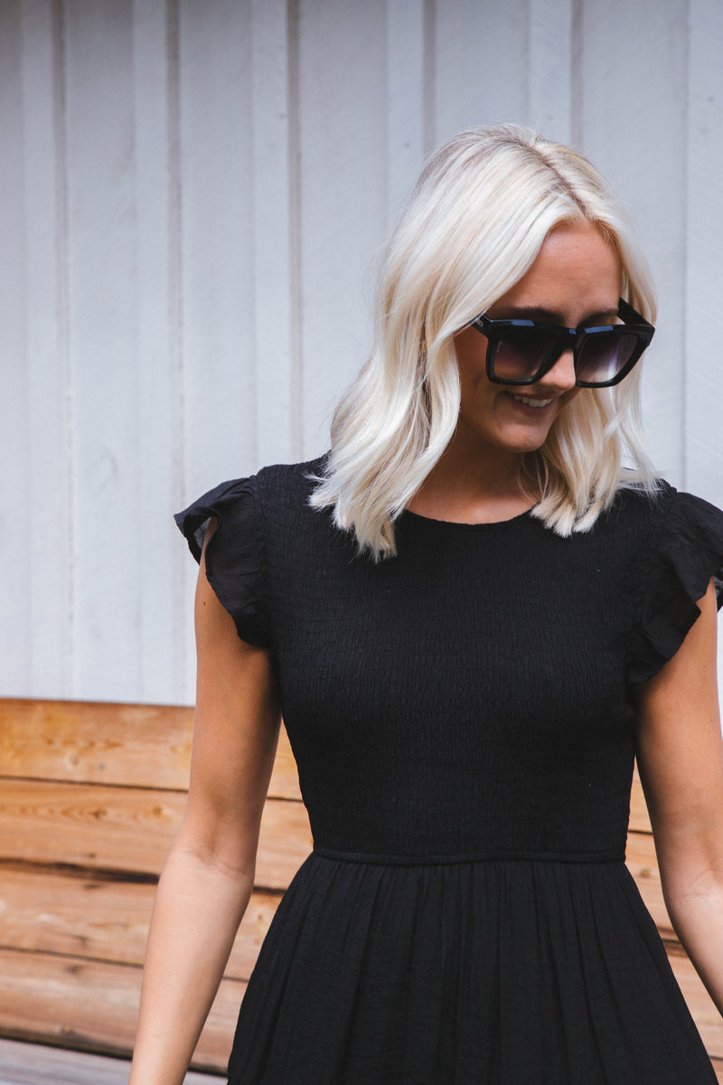 Celene Smocked Midi Dress, Black