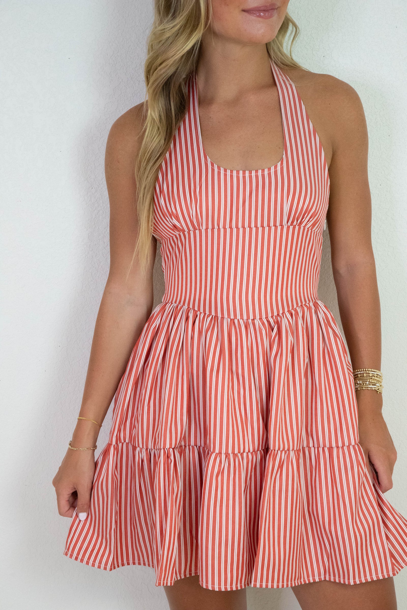 slim fit dress slacks Marlie Halter Tie Neck Striped Dress, White/Red L / White/Red
