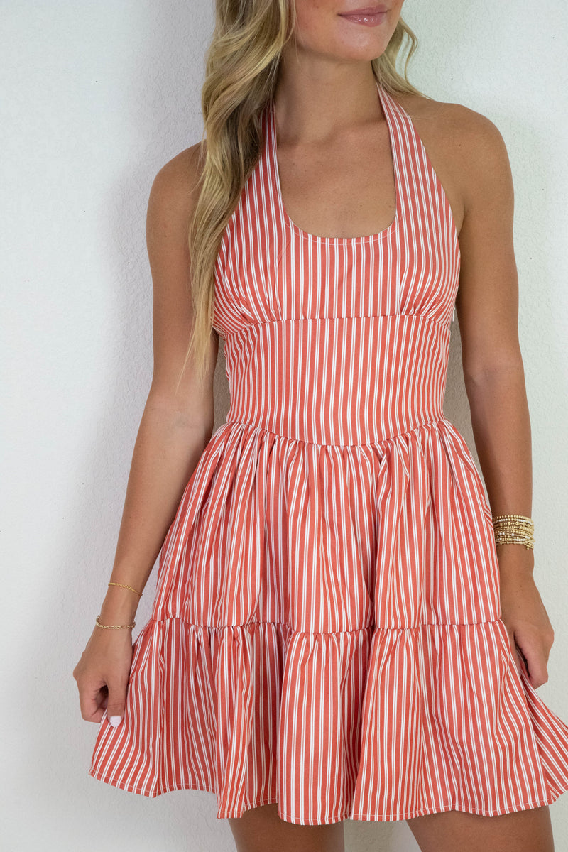 Marlie Halter Tie Neck Striped Dress, White/Red North & Main Clothing Company Marlie Halter Tie Neck Striped Dress, White/Red North & Main Clothing Company
