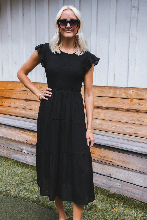 Celene Smocked Midi Dress, Black