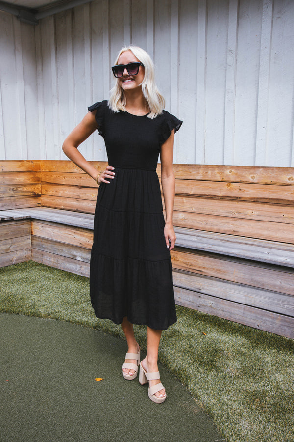 Celene Smocked Midi Dress, Black