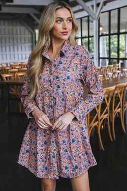 Anemone Floral Corduroy Button Up Dress, Mauve