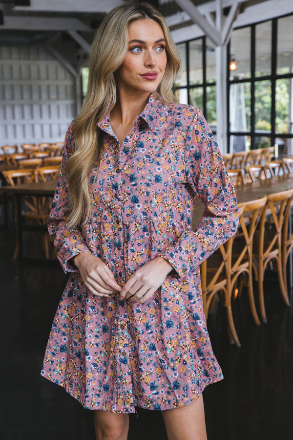 Anemone Floral Corduroy Button Up Dress, Mauve